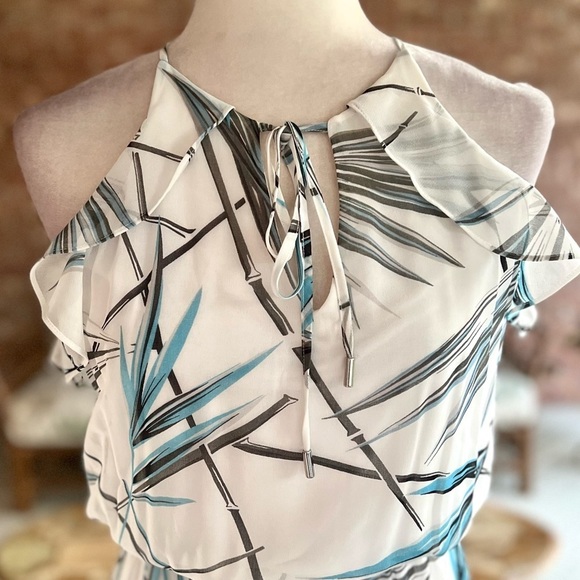 WHBM Dress Maxi White Bamboo Print Hi Low Blouson 4P Cocktail Party Chic Trendy - Picture 5 of 17